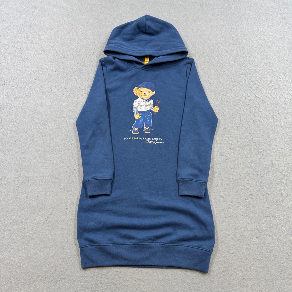 Polo Ralph Lauren Hoodie Dress Girl's Large Blue Polo Bear Graphic Sweatshirt
